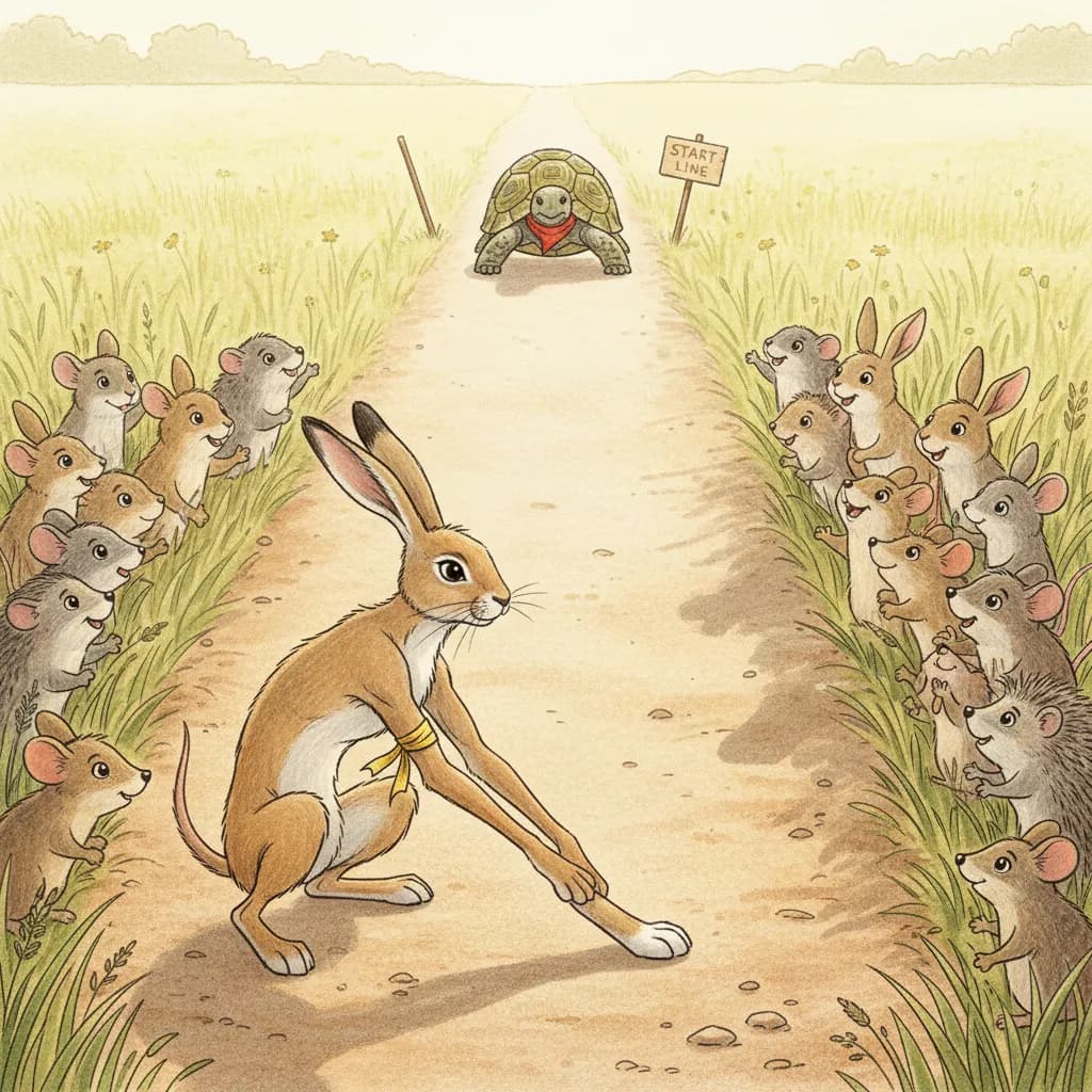 A determined hare stretches at the start of a race on a country path while mice and rabbits cheer from the grass. Far behind the start line, a smiling tortoise in a red scarf waits calmly, creating a playful race-day scene.
